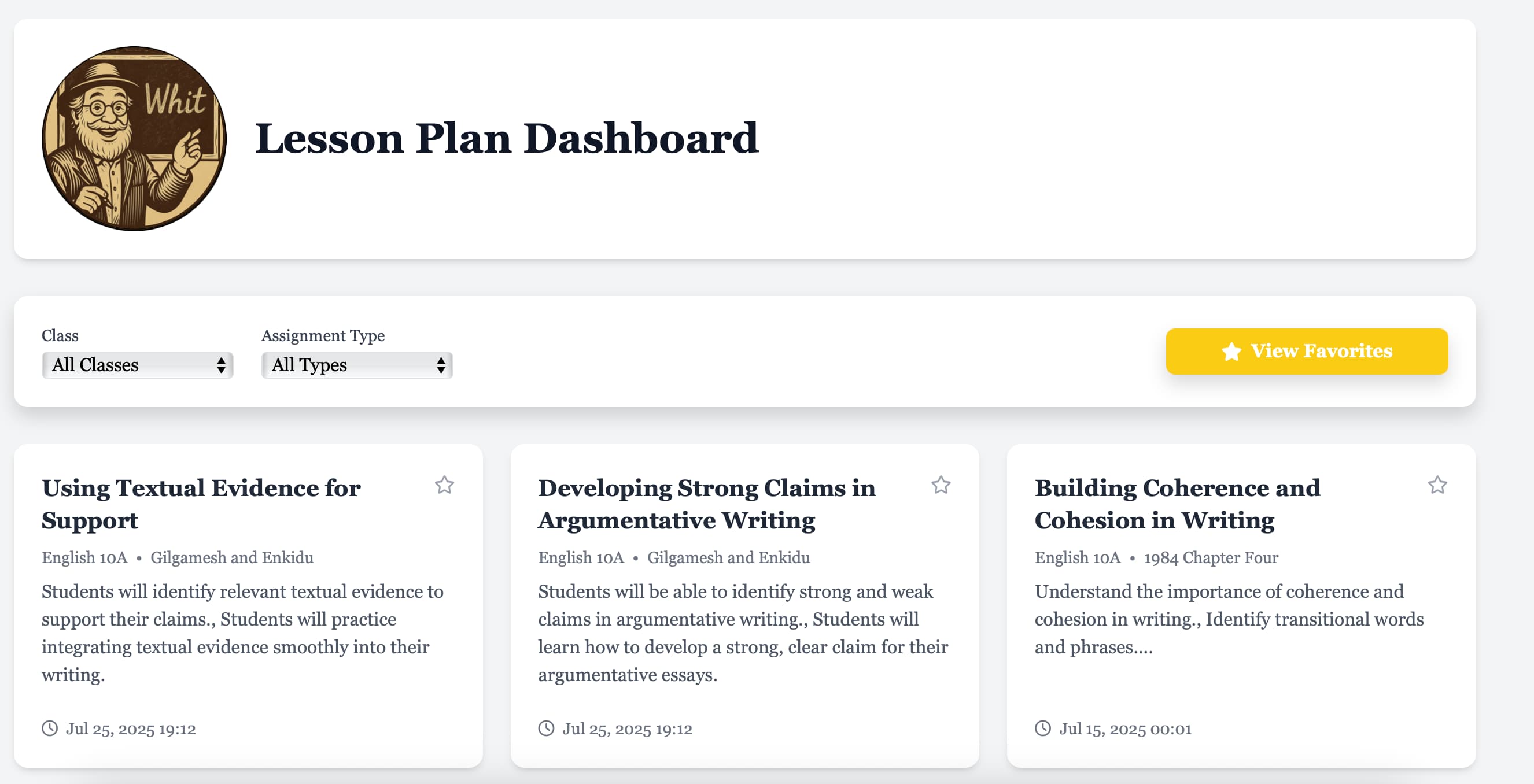Lesson Plan Dashboard